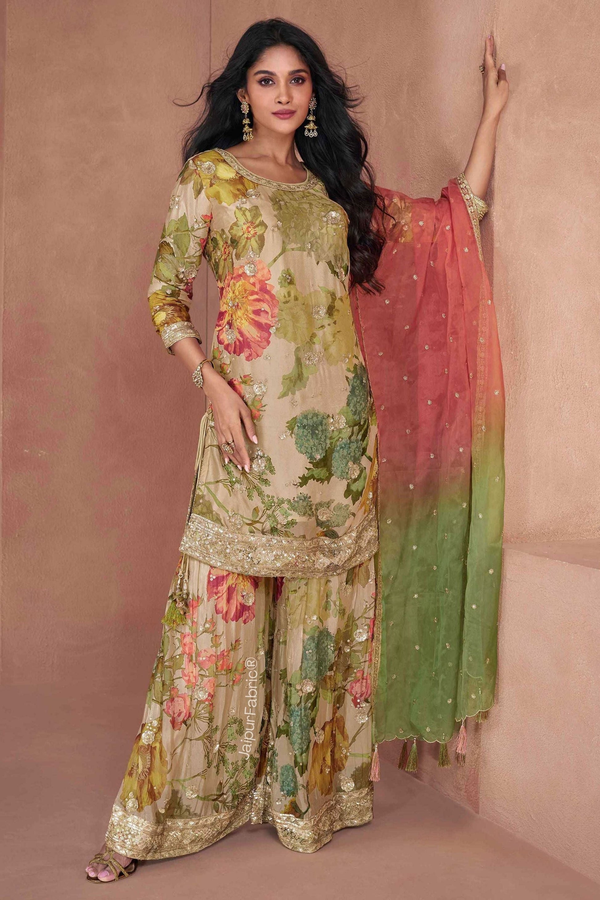 Digital Printed Georgette Beige Multicolor Sequin Embroidered Chinon Silk Kurta Set
