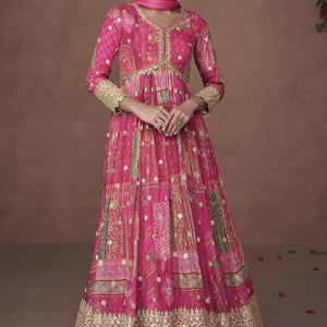 Dark Pink Floral Print Organza Silk Floor Length Full Stitched Gown