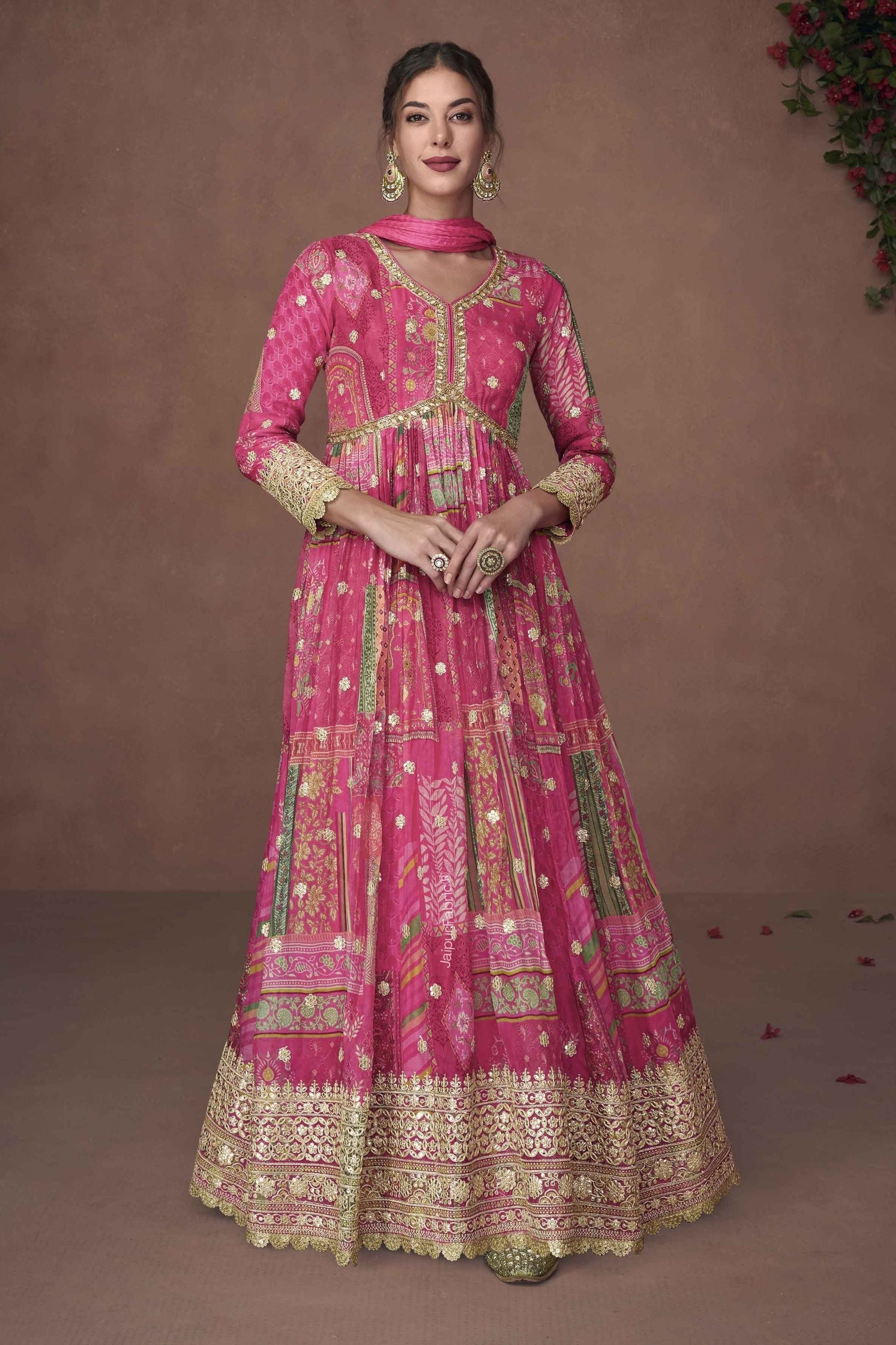 Dark Pink Floral Print Organza Silk Floor Length Full Stitched Gown