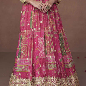 Dark Pink Floral Print Organza Silk Floor Length Full Stitched Gown