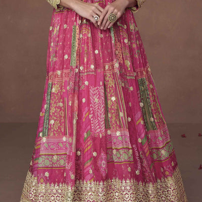 Dark Pink Floral Print Organza Silk Floor Length Full Stitched Gown