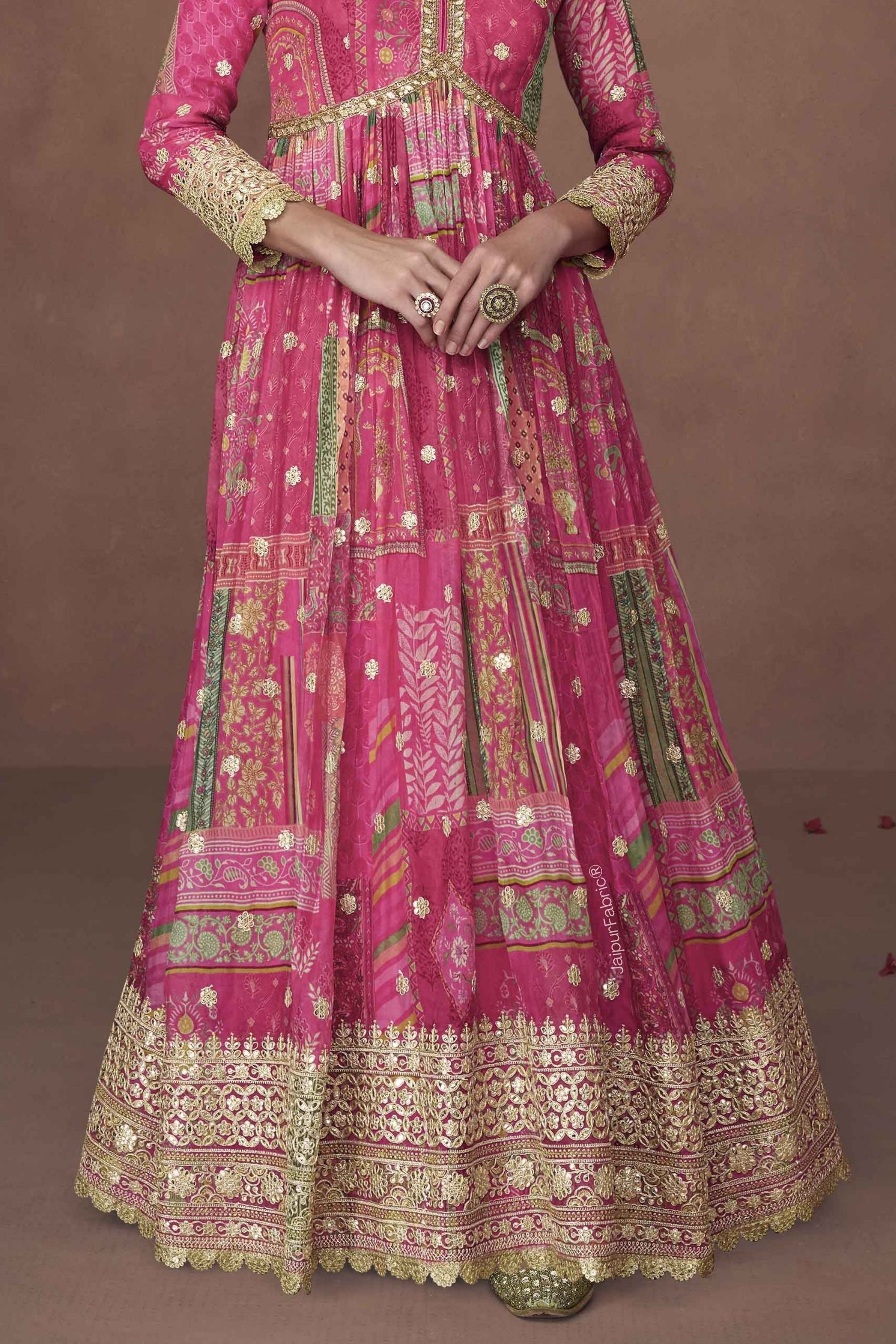 Dark Pink Floral Print Organza Silk Floor Length Full Stitched Gown