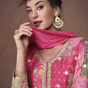 Dark Pink Floral Print Organza Silk Floor Length Full Stitched Gown