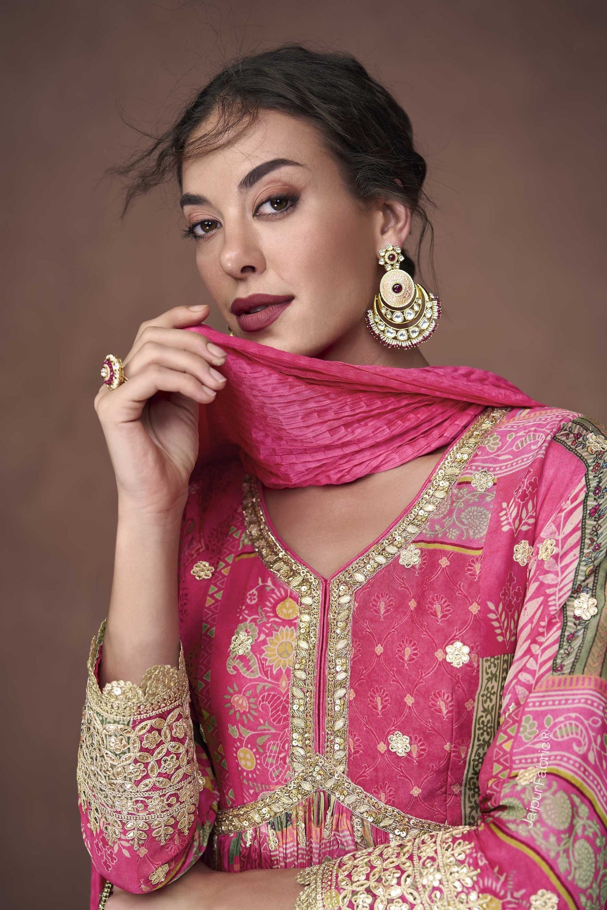 Dark Pink Floral Print Organza Silk Floor Length Full Stitched Gown