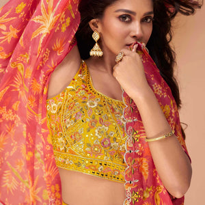 Embroidered Art Silk Mustard Color Crop Top Set With Jacket