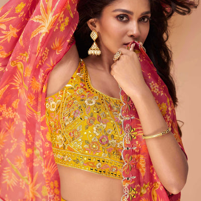 Embroidered Art Silk Mustard Color Crop Top Set With Jacket
