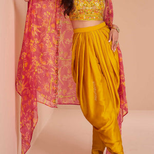 Embroidered Art Silk Mustard Color Crop Top Set With Jacket