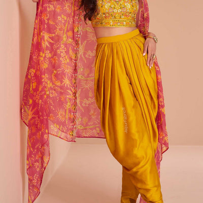 Embroidered Art Silk Mustard Color Crop Top Set With Jacket