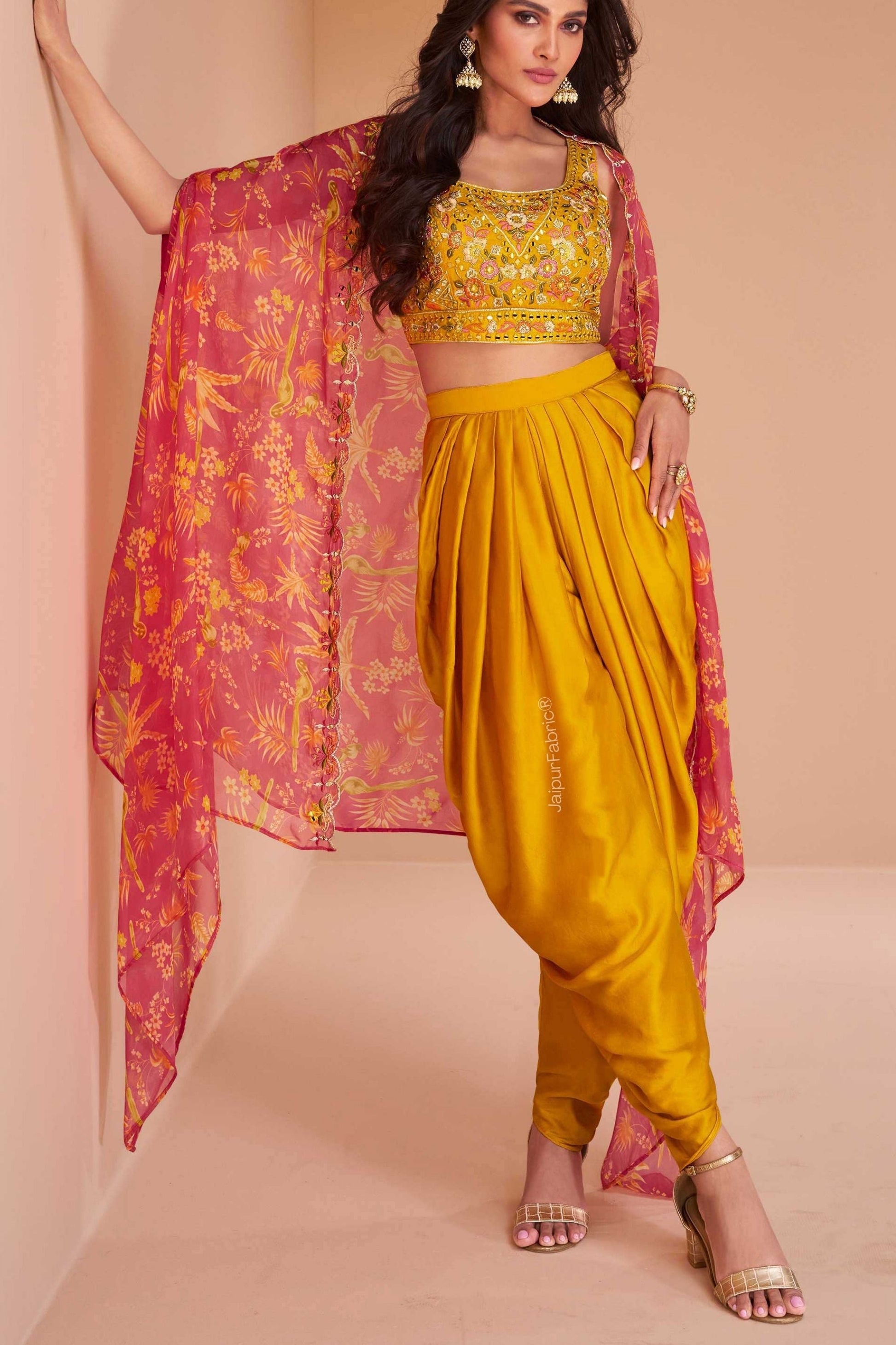 Embroidered Art Silk Mustard Color Crop Top Set With Jacket
