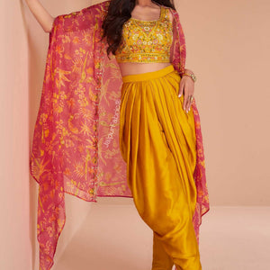 Embroidered Art Silk Mustard Color Crop Top Set With Jacket