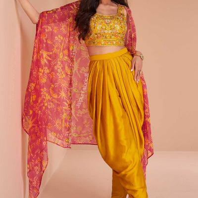 Embroidered Art Silk Mustard Color Crop Top Set With Jacket