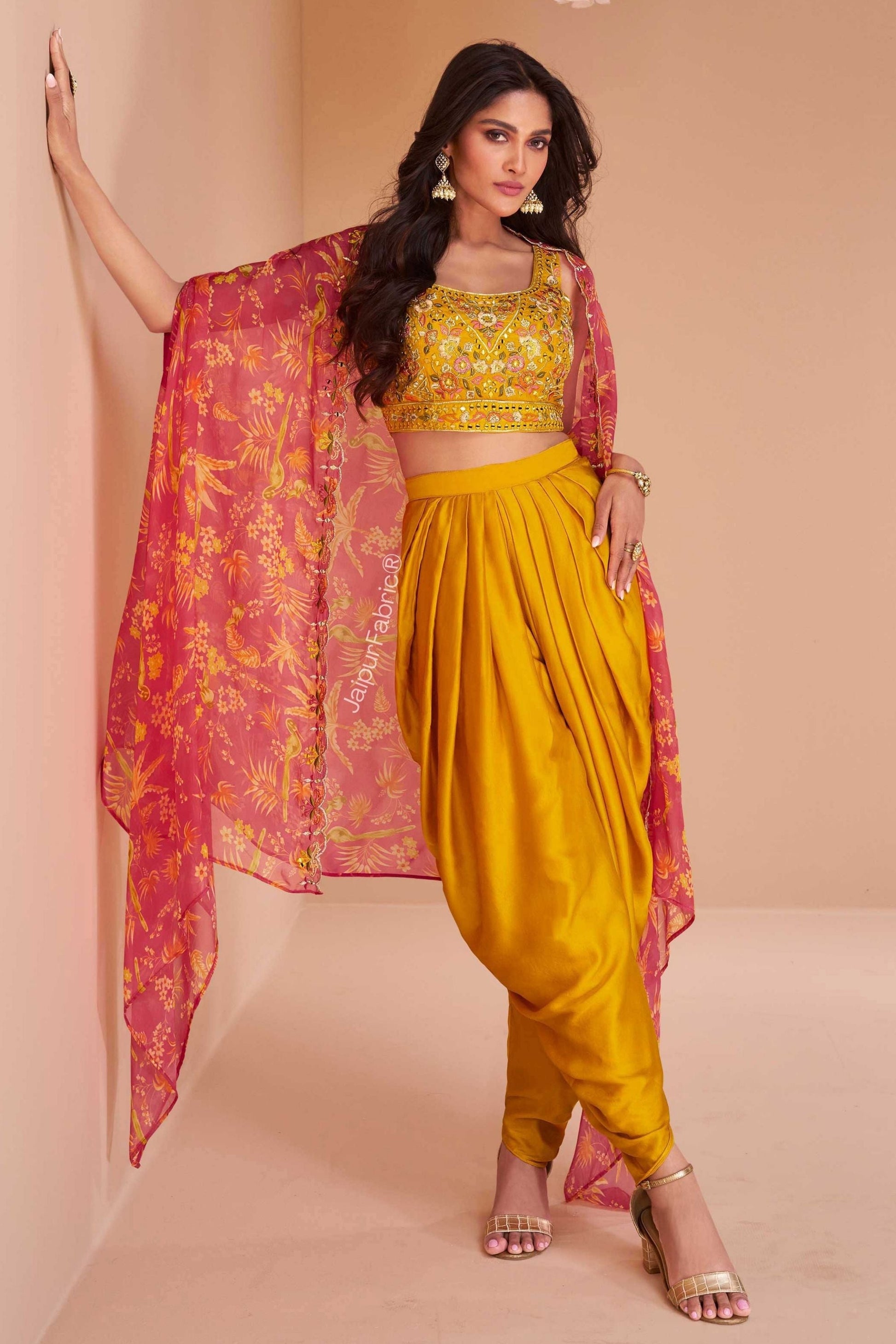 Embroidered Art Silk Mustard Color Crop Top Set With Jacket