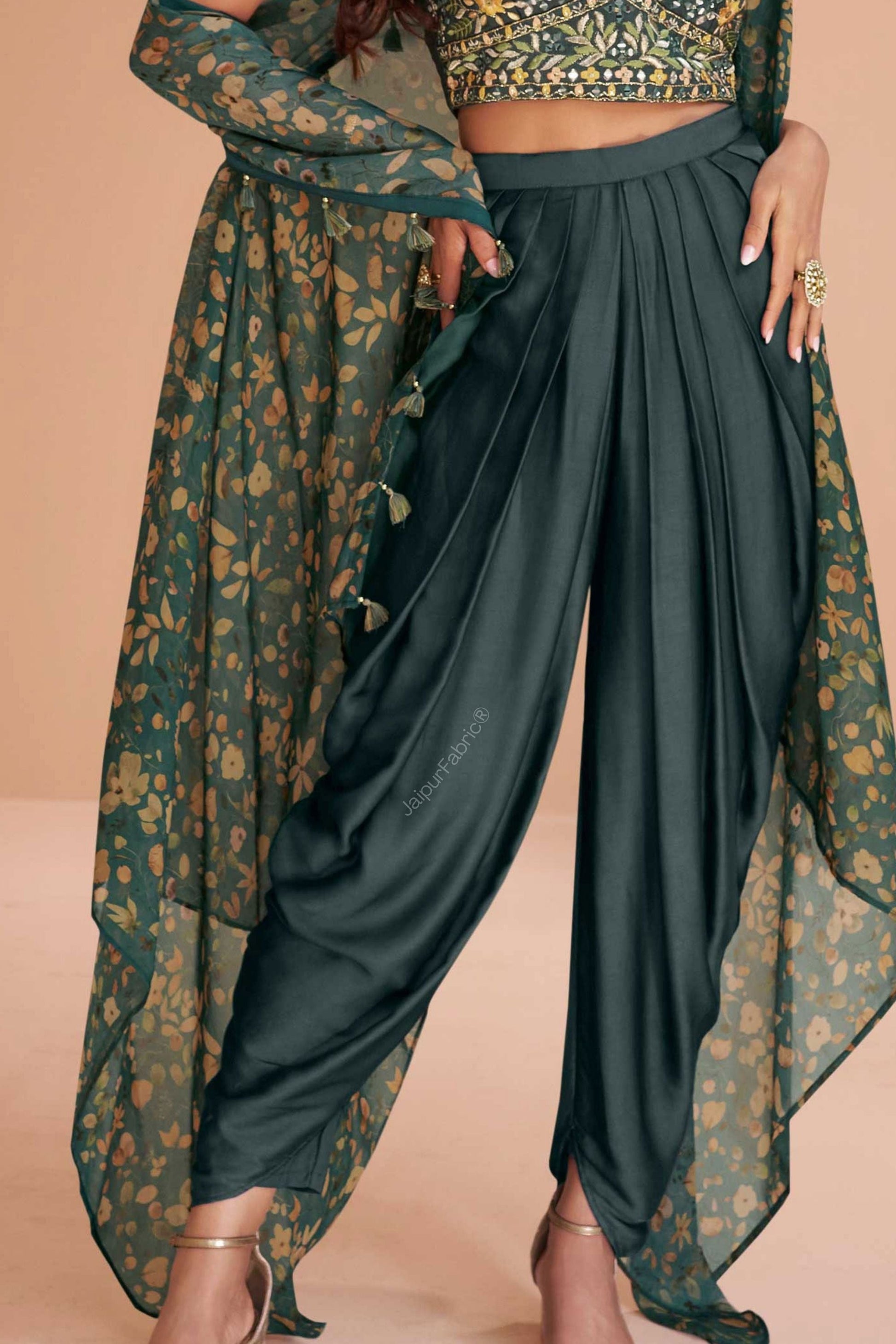 Teal Green Embroidered Satin Silk Kurta Set