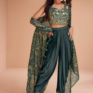 Teal Green Embroidered Satin Silk Kurta Set