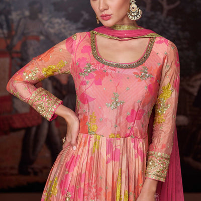Digital Printed Georgette Beautiful Pink Floral Printed Georgette Festive Wear Abaya Style Pant Suit