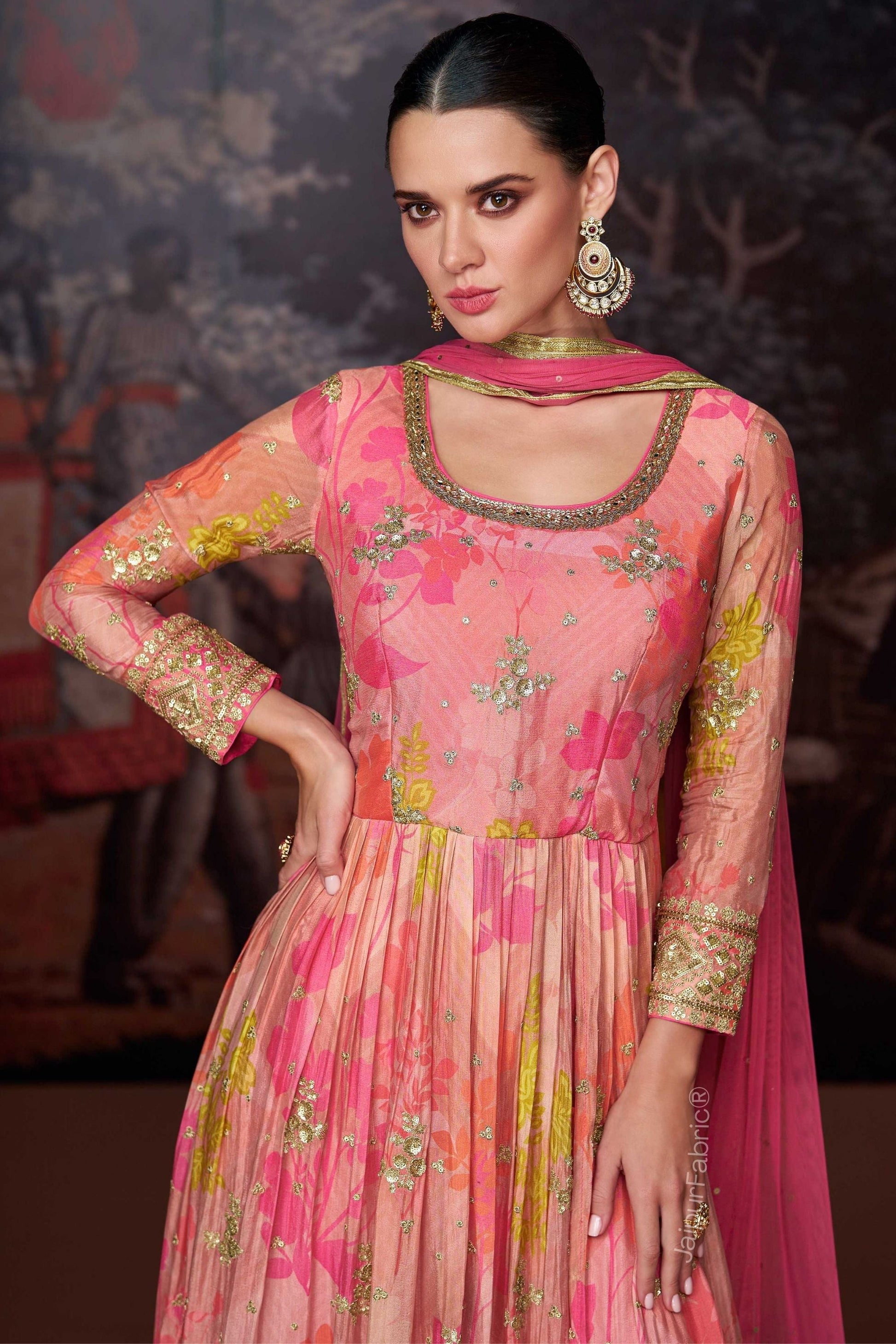 Digital Printed Georgette Beautiful Pink Floral Printed Georgette Festive Wear Abaya Style Pant Suit