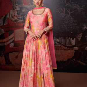 Digital Printed Georgette Beautiful Pink Floral Printed Georgette Festive Wear Abaya Style Pant Suit