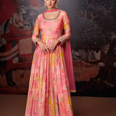 Digital Printed Georgette Beautiful Pink Floral Printed Georgette Festive Wear Abaya Style Pant Suit