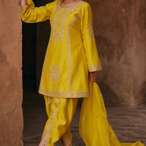 Indian Designer Fancy Wedding Party Wear Yellow Chinon Silk Sharara Pallazo Salwar Suit