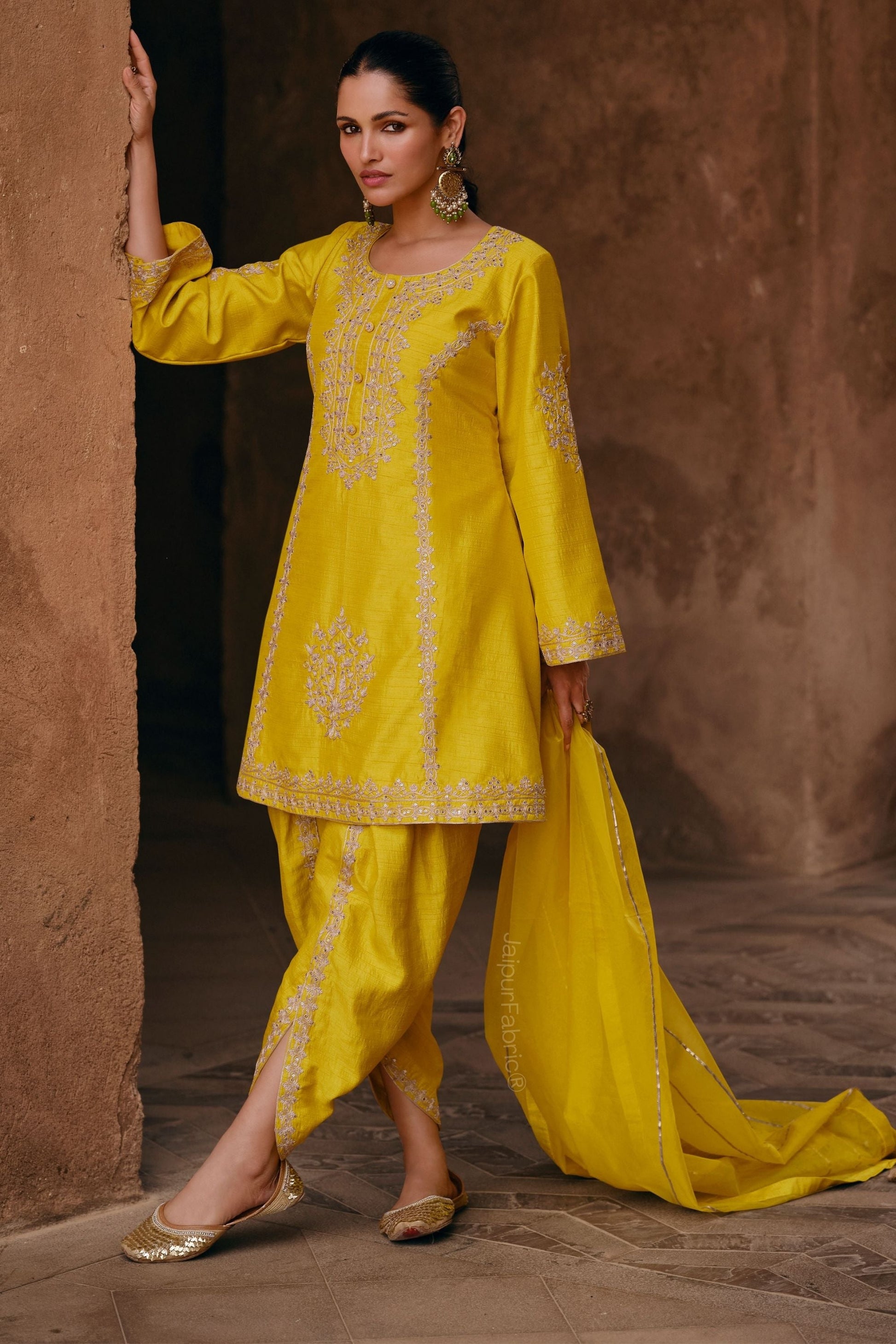 Indian Designer Fancy Wedding Party Wear Yellow Chinon Silk Sharara Pallazo Salwar Suit