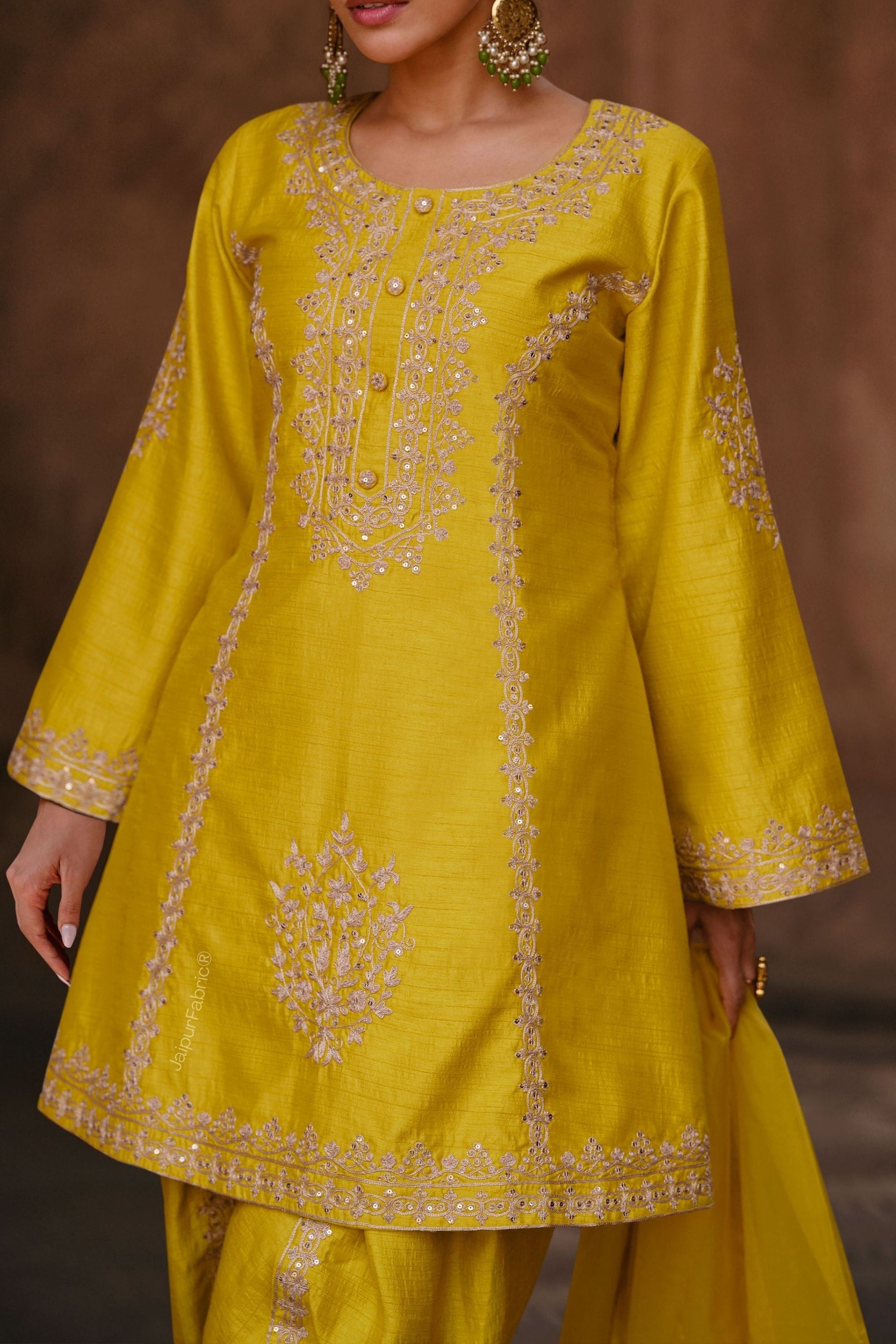 Indian Designer Fancy Wedding Party Wear Yellow Chinon Silk Sharara Pallazo Salwar Suit