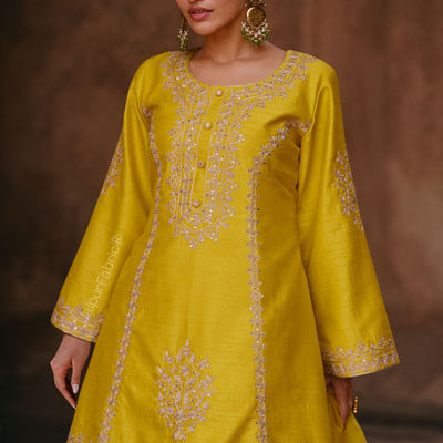 Indian Designer Fancy Wedding Party Wear Yellow Chinon Silk Sharara Pallazo Salwar Suit