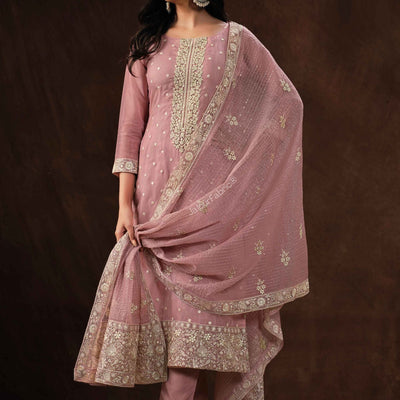 Embroidered Organza Silk Festive Pink Salwar Kameez