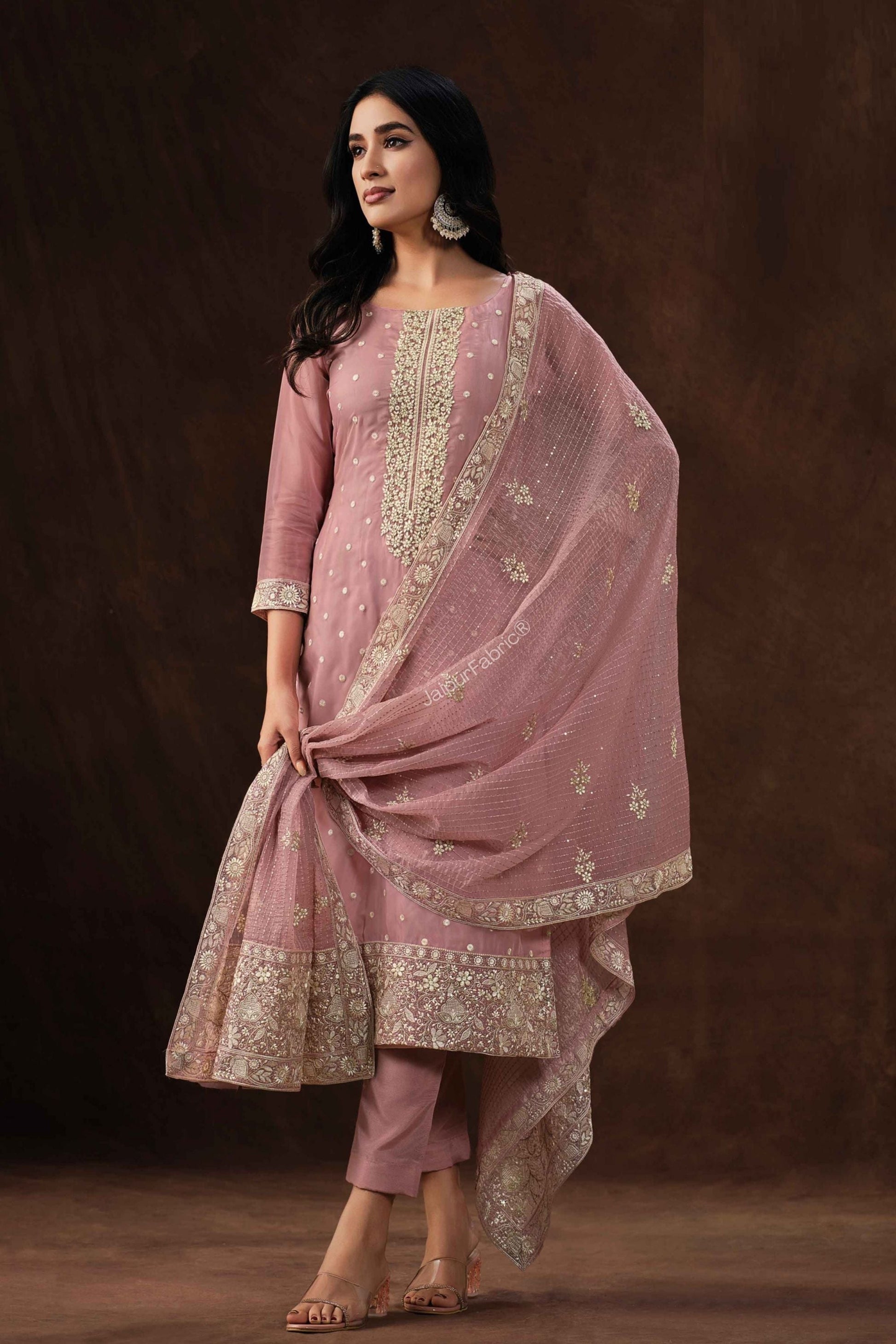 Embroidered Organza Silk Festive Pink Salwar Kameez