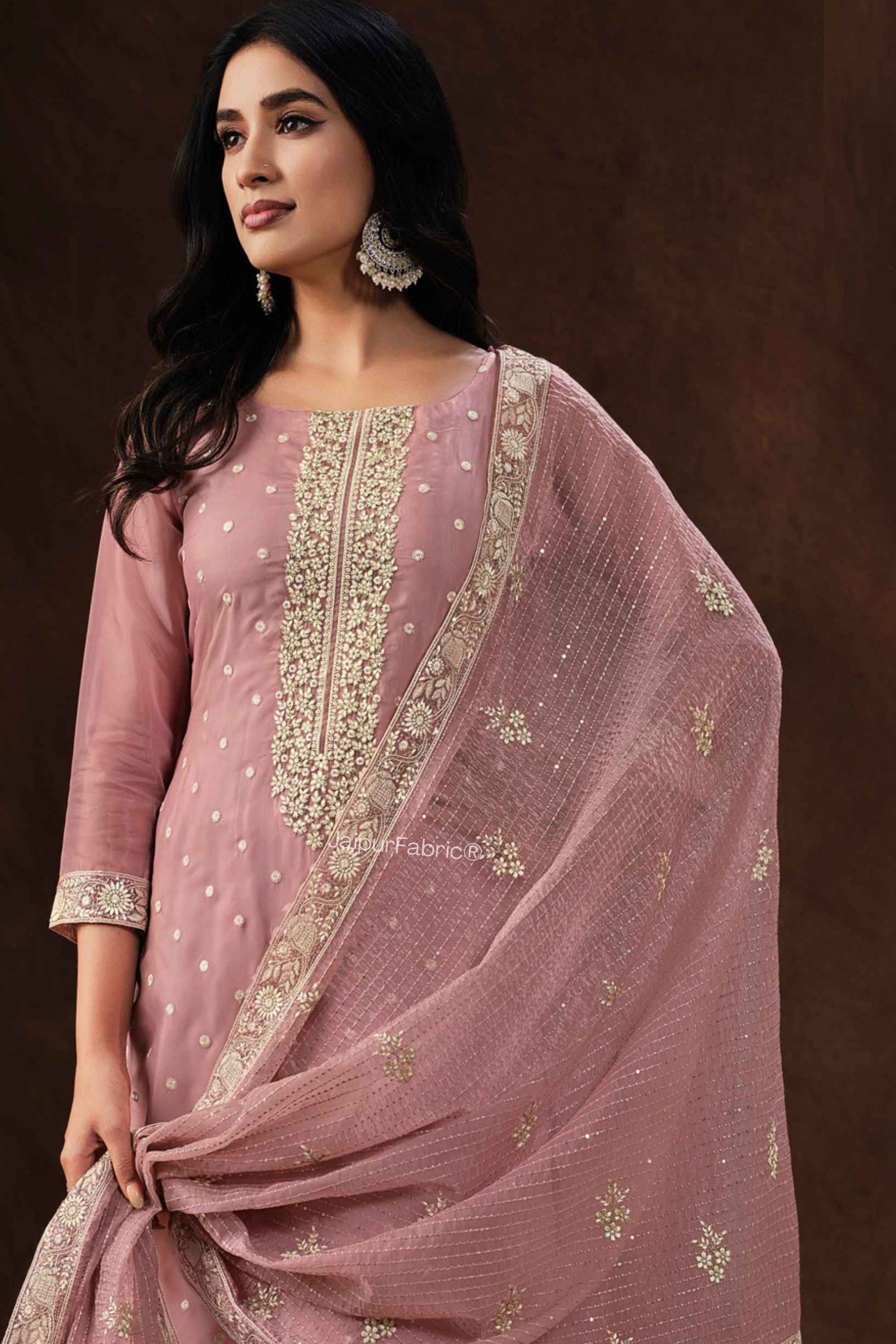 Embroidered Organza Silk Festive Pink Salwar Kameez
