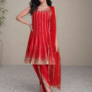 Red Premium Silk Anarkali Suit With Golden Embroidery