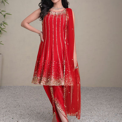 Red Premium Silk Anarkali Suit With Golden Embroidery