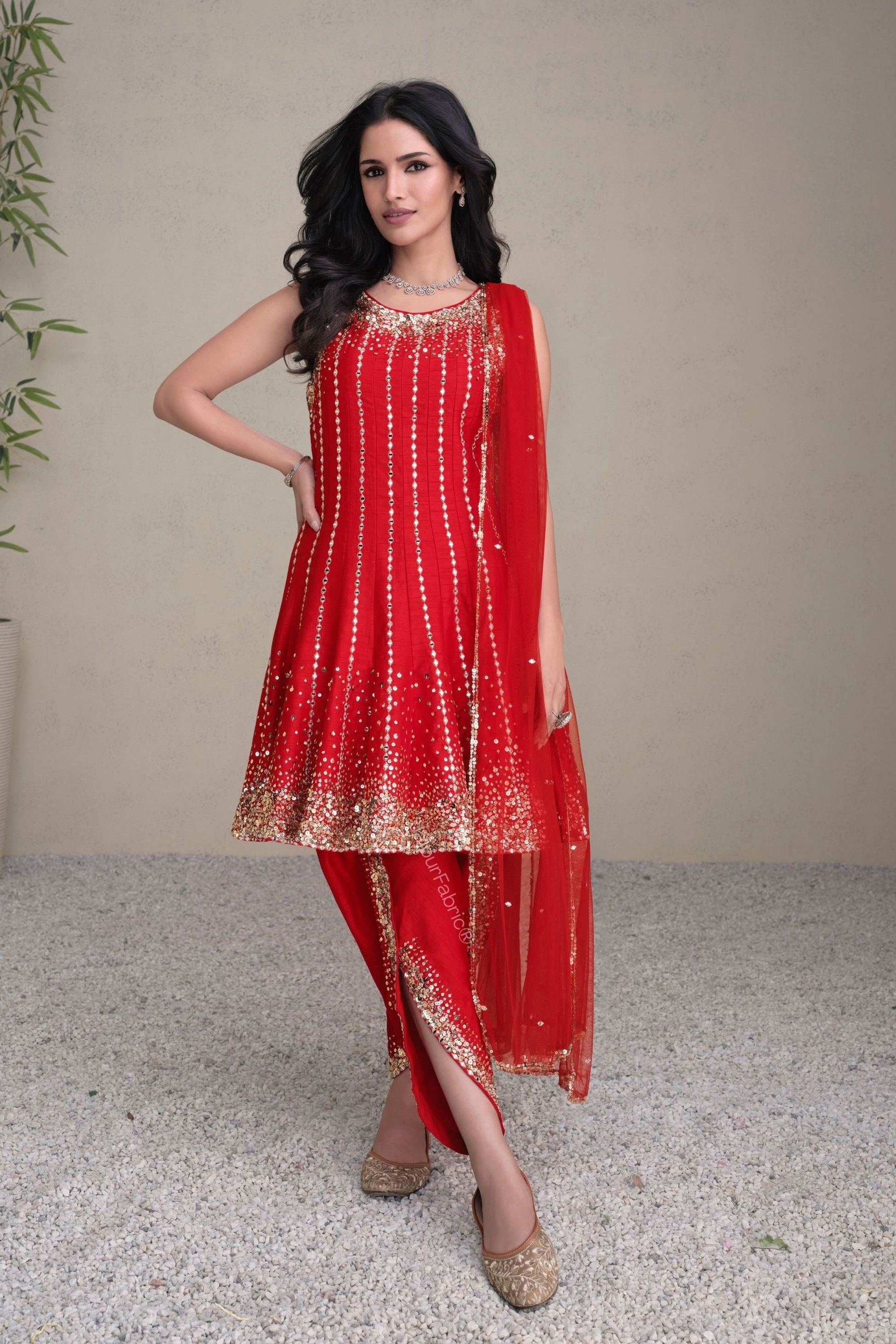 Red Premium Silk Anarkali Suit With Golden Embroidery