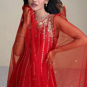 Red Premium Silk Anarkali Suit With Golden Embroidery