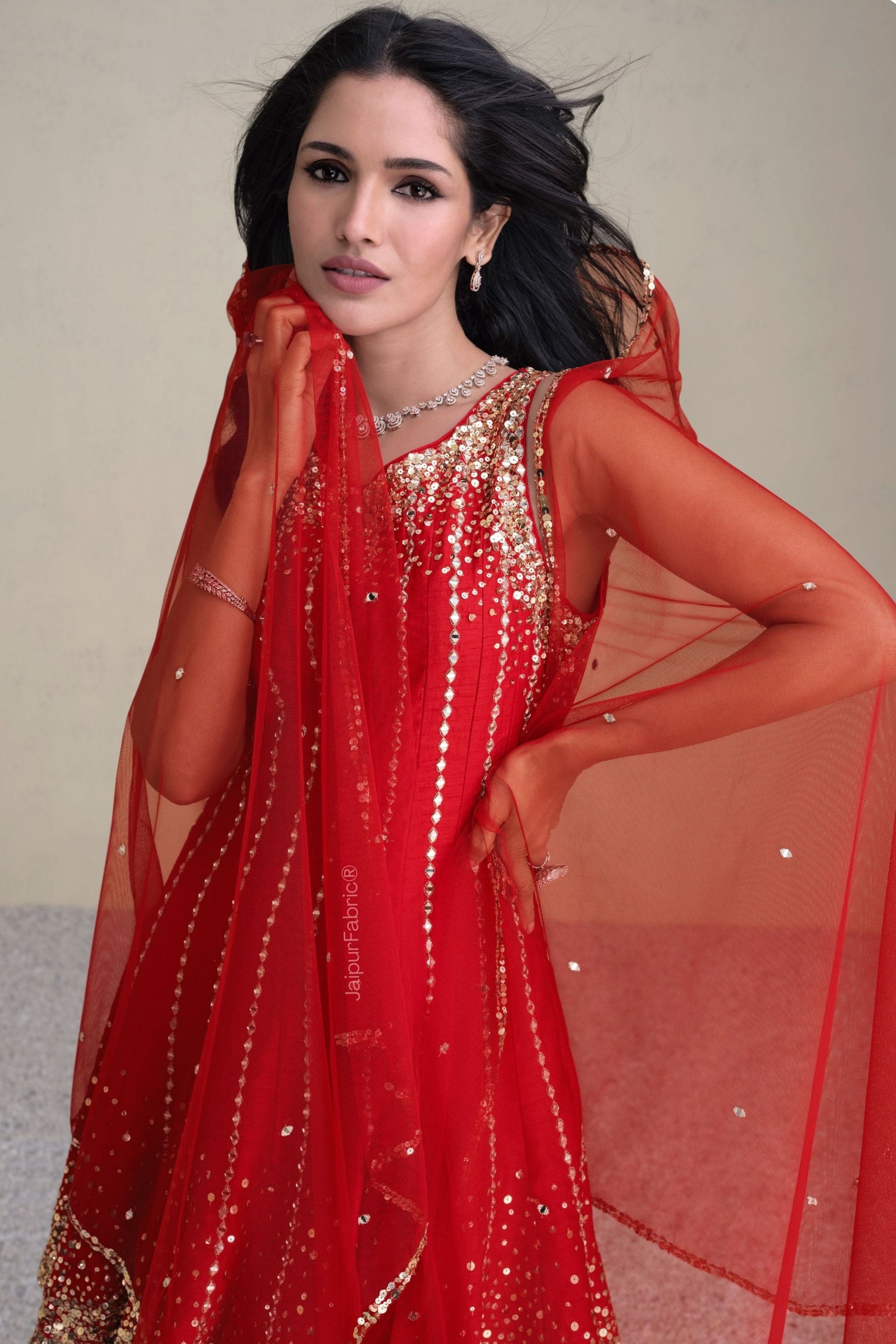 Red Premium Silk Anarkali Suit With Golden Embroidery