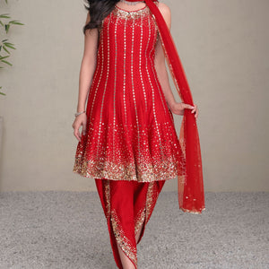 Red Premium Silk Anarkali Suit With Golden Embroidery