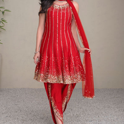 Red Premium Silk Anarkali Suit With Golden Embroidery