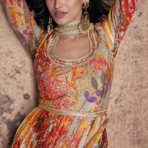 Printed Georgette Side Slit Abaya Style Suit In Beige