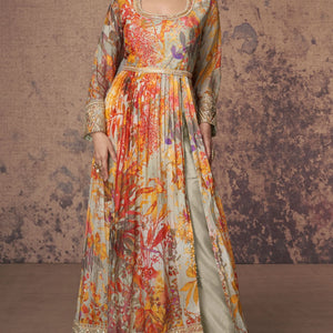 Printed Georgette Side Slit Abaya Style Suit In Beige
