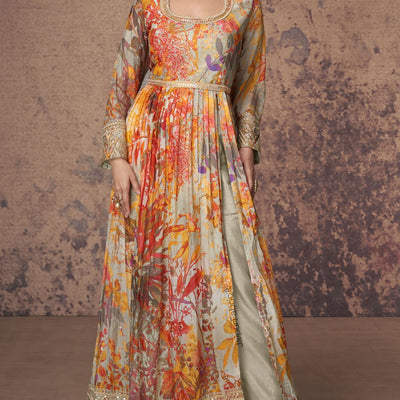Printed Georgette Side Slit Abaya Style Suit In Beige