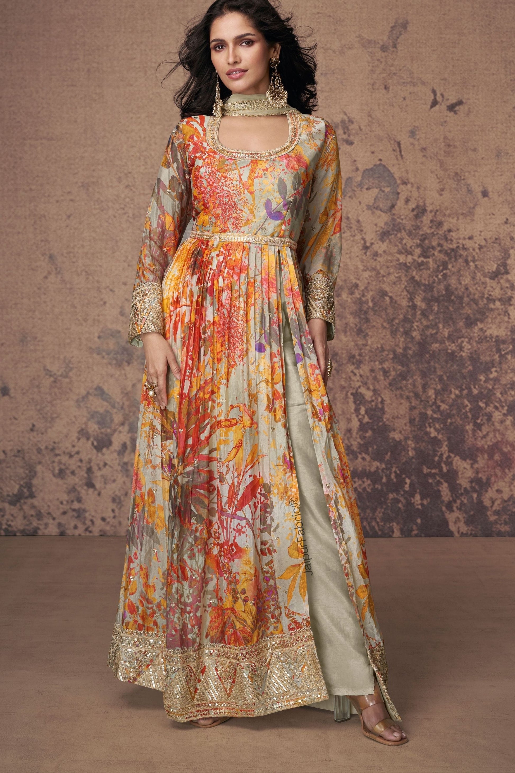 Printed Georgette Side Slit Abaya Style Suit In Beige