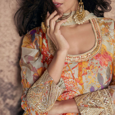 Printed Georgette Side Slit Abaya Style Suit In Beige