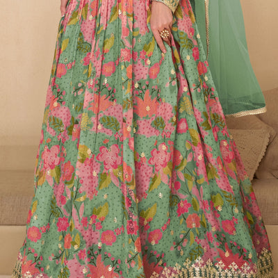 Mint Green Heavy Designer Digital Print Work Festive Special Anarkali Gown