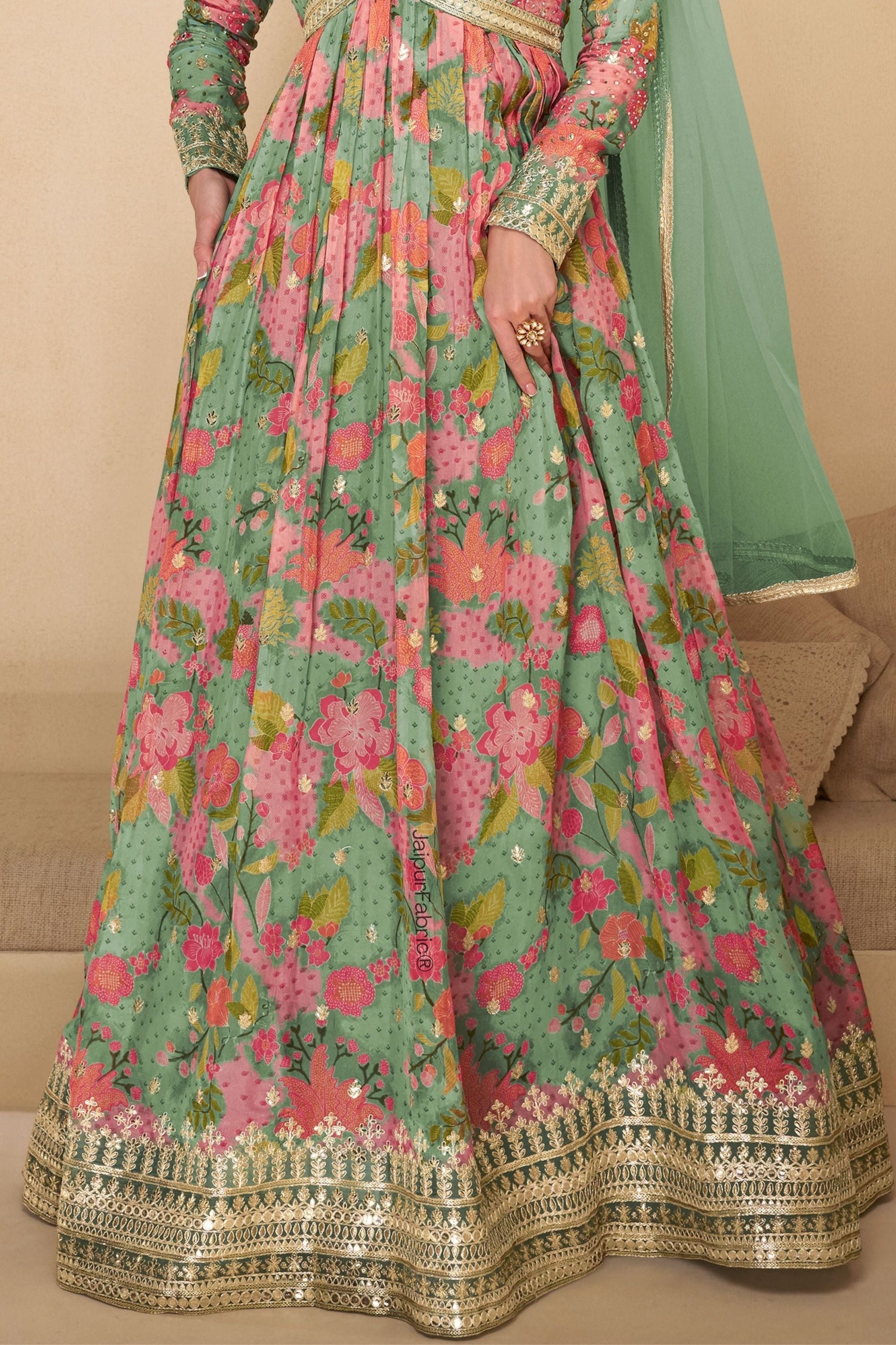 Mint Green Heavy Designer Digital Print Work Festive Special Anarkali Gown