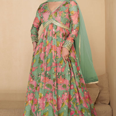 Mint Green Heavy Designer Digital Print Work Festive Special Anarkali Gown