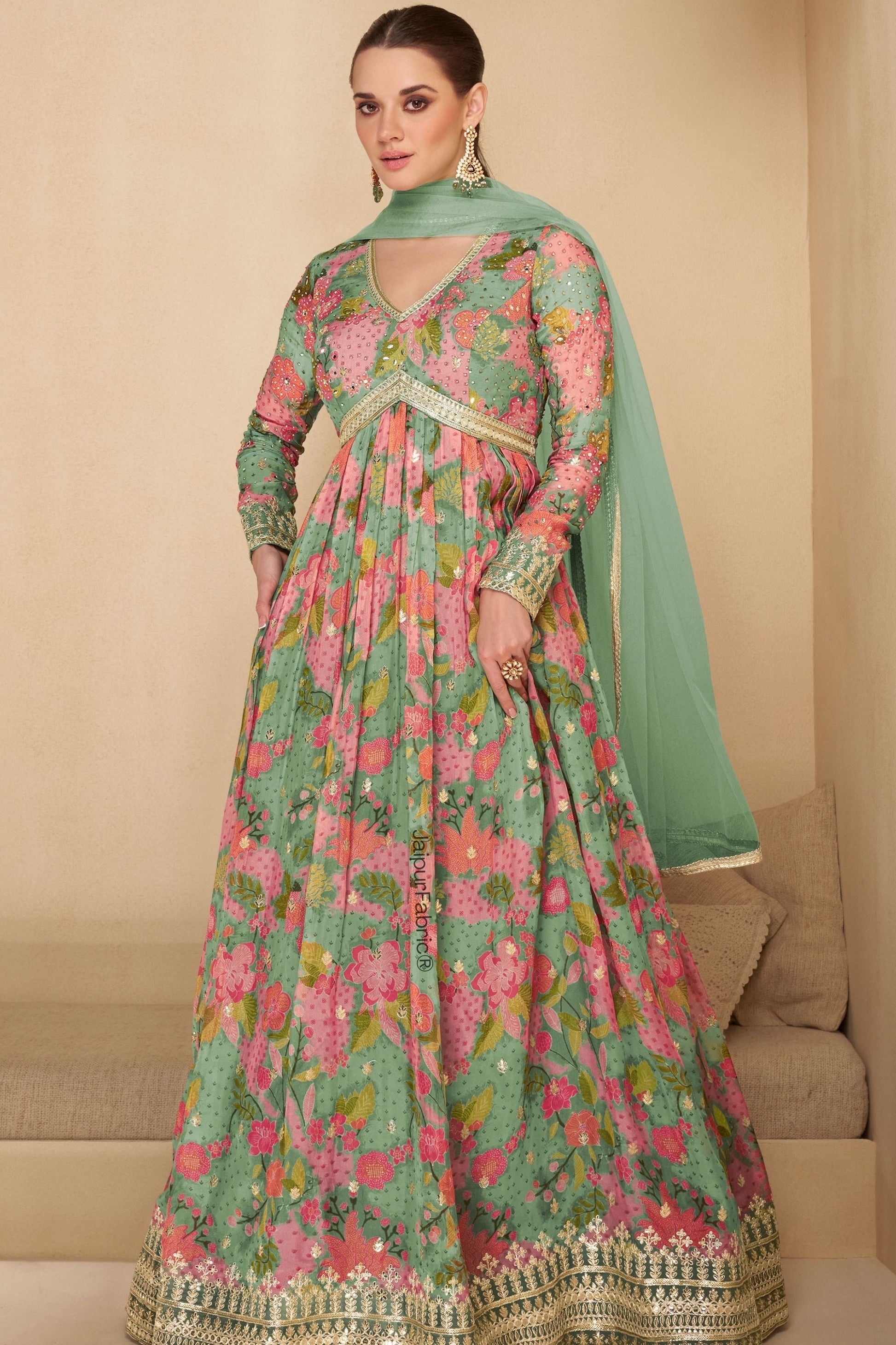 Mint Green Heavy Designer Digital Print Work Festive Special Anarkali Gown