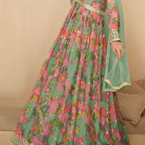 Mint Green Heavy Designer Digital Print Work Festive Special Anarkali Gown