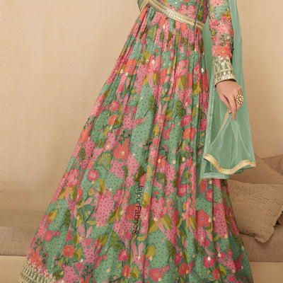 Mint Green Heavy Designer Digital Print Work Festive Special Anarkali Gown