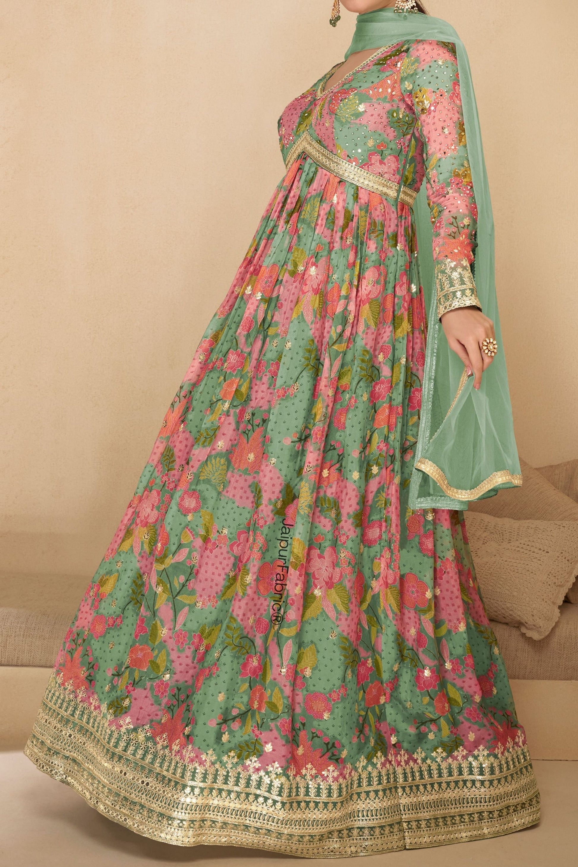 Mint Green Heavy Designer Digital Print Work Festive Special Anarkali Gown