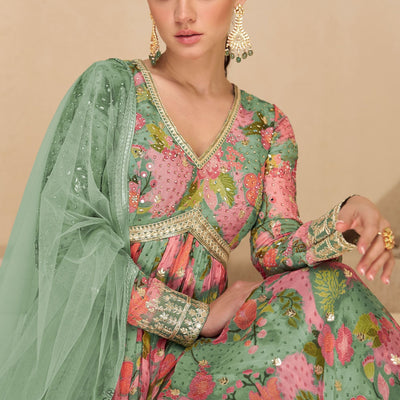 Mint Green Heavy Designer Digital Print Work Festive Special Anarkali Gown