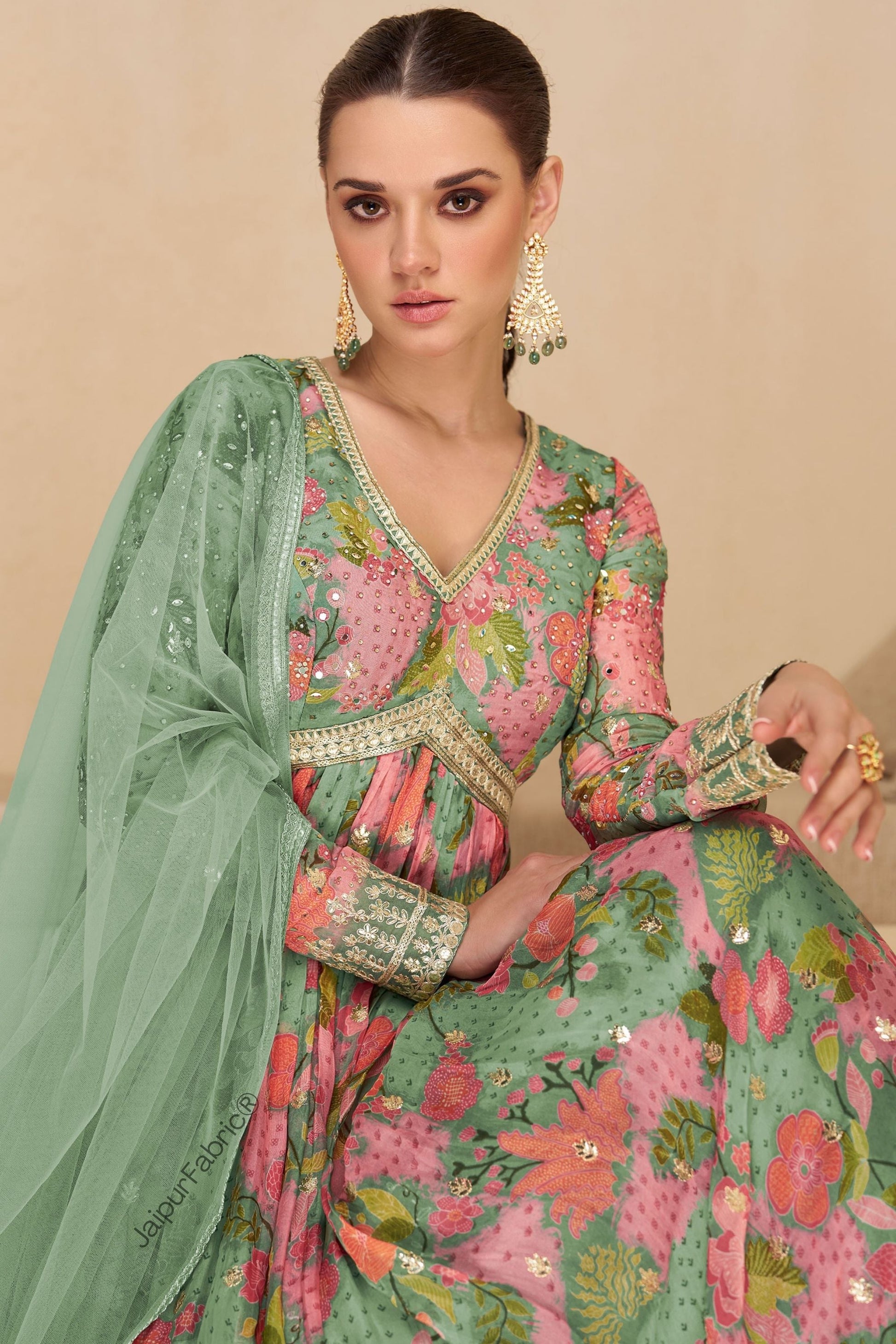 Mint Green Heavy Designer Digital Print Work Festive Special Anarkali Gown